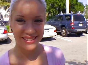 Nice blonde babe meets a guy at the parking and lets him fuck her ass