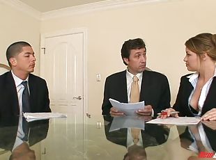 Two rough businessmen fuck a slutty secretary in a threesome