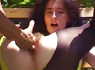 Skinny hairy bush flexible girl gets deep fingered and rough ass fucked in public by her big dick boyfriend