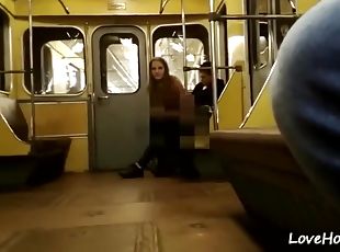Horny amateur couple fuck on the public train
