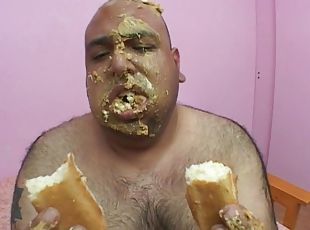 Dirty fat dude eats cake and gets his cock pleasured by Nollie