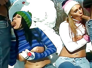 Snow bunnies suck and fuck after making snowman