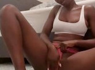 Teen Ebony playing and fingering her tight creamy pussy, big O on camera - Zaawaadi
