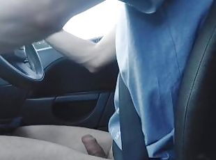 Teen bi twink boy drives around in a car and jerks off dick along the road