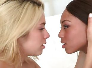 Two ebony babes and one blonde white chick having lesbian sex