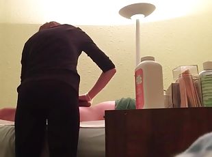 Waxing girl cleans his pubes and gives a handjob