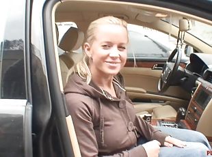 Blonde bombshells gets her pussy pounded in the car