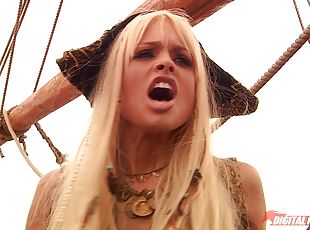 Desirable blonde sucks the dick on the inside of the pirate ship
