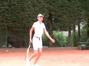 Aria Valentino plays tennis outdoors