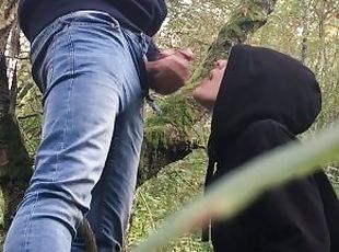 Blowjob and swallow in the forest