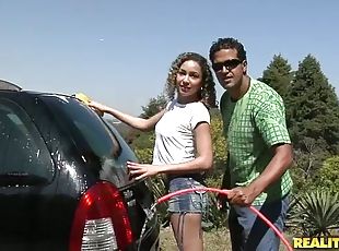 Sexy Laysa washes a car and rides big cock like a wild animal