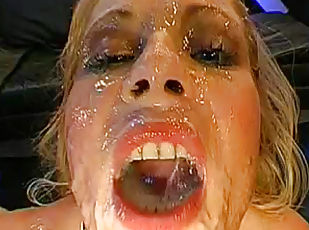 Perverted blonde is getting tone of cum in her throat
