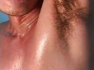 Nipple play with sweat on my body