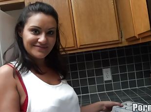 Cock worship in his kitchen with a good doggystyle fucking