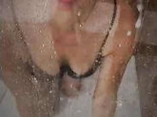 hot blonde licks sperm off the wall of the shower cabin