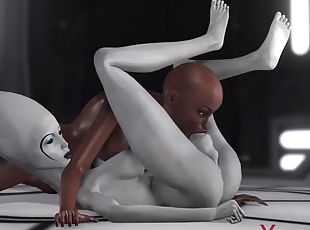 Sexy sci-fi female alien plays with a black girl in the space station