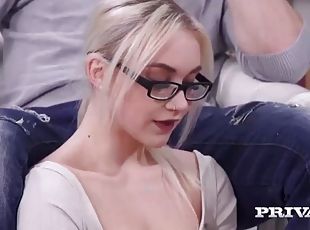 Nerdy blonde gives an amazing blowjob to her horny teacher