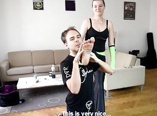Dancing student gets her sexy feet worshiped (foot worship, sweaty feet, MILF feet, foot sucking)